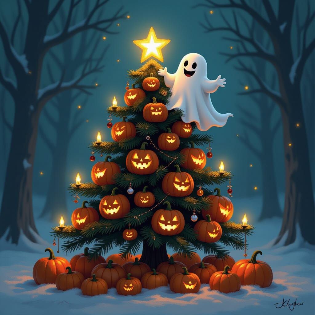 Whimsical Halloween Christmas Tree with Friendly Ghost