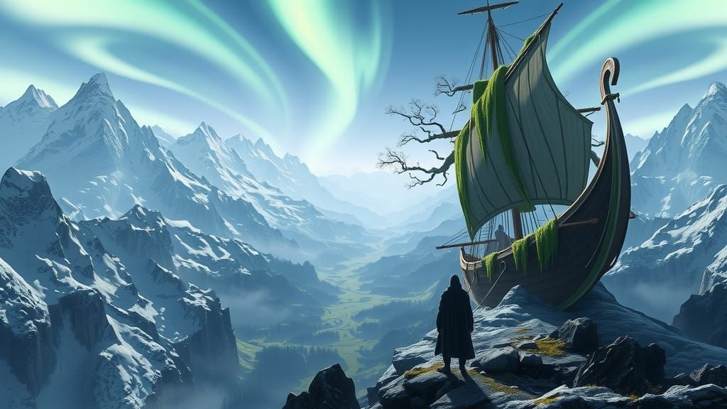 Ancient Longship on Stone Altar Under Aurora Borealis