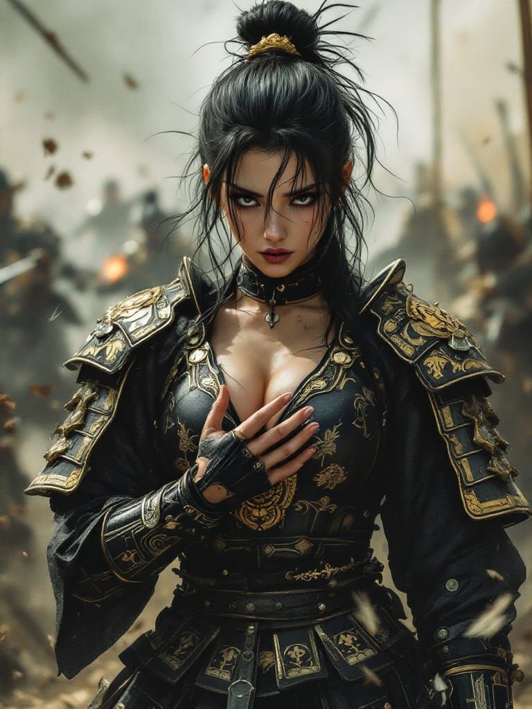 Battlefield Samurai Portrait: Black and Gold Armor