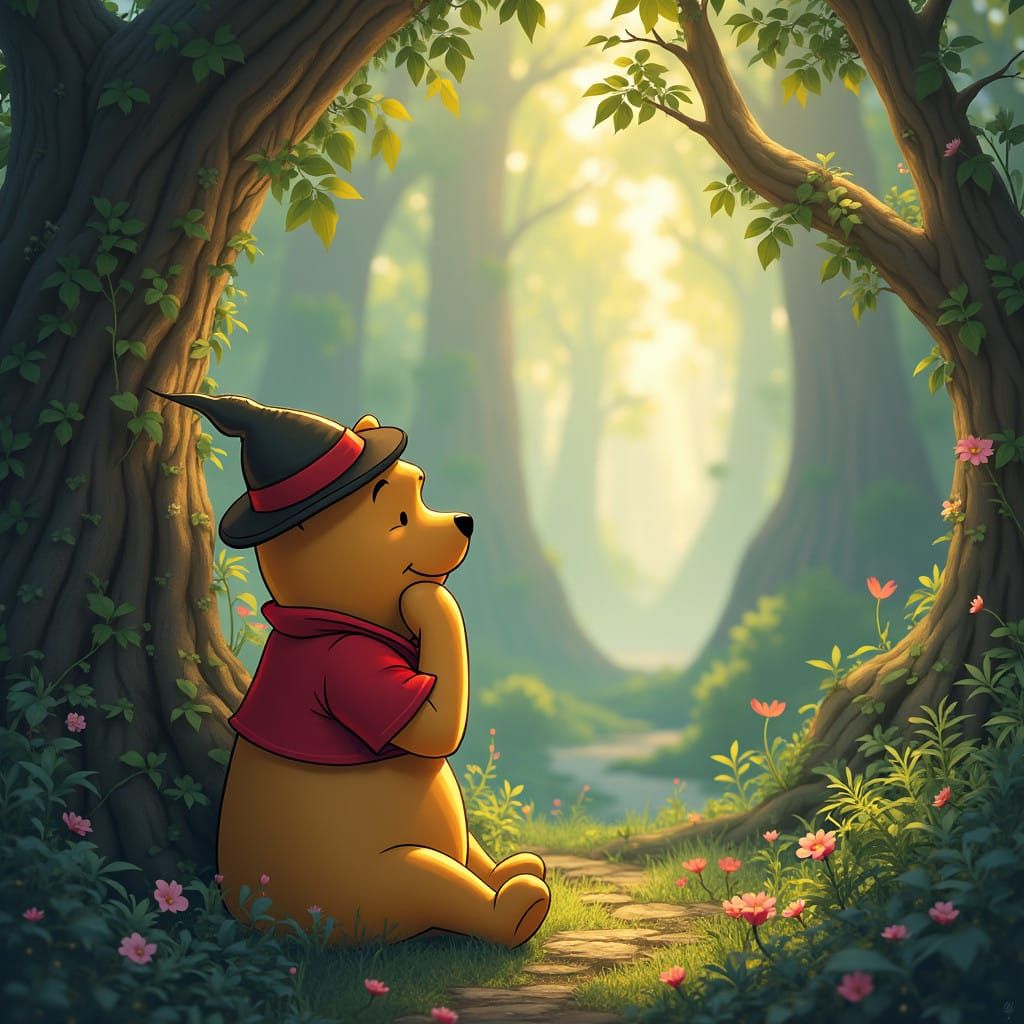 Dreamlike Winnie the Pooh in Whimsical Nature Scene