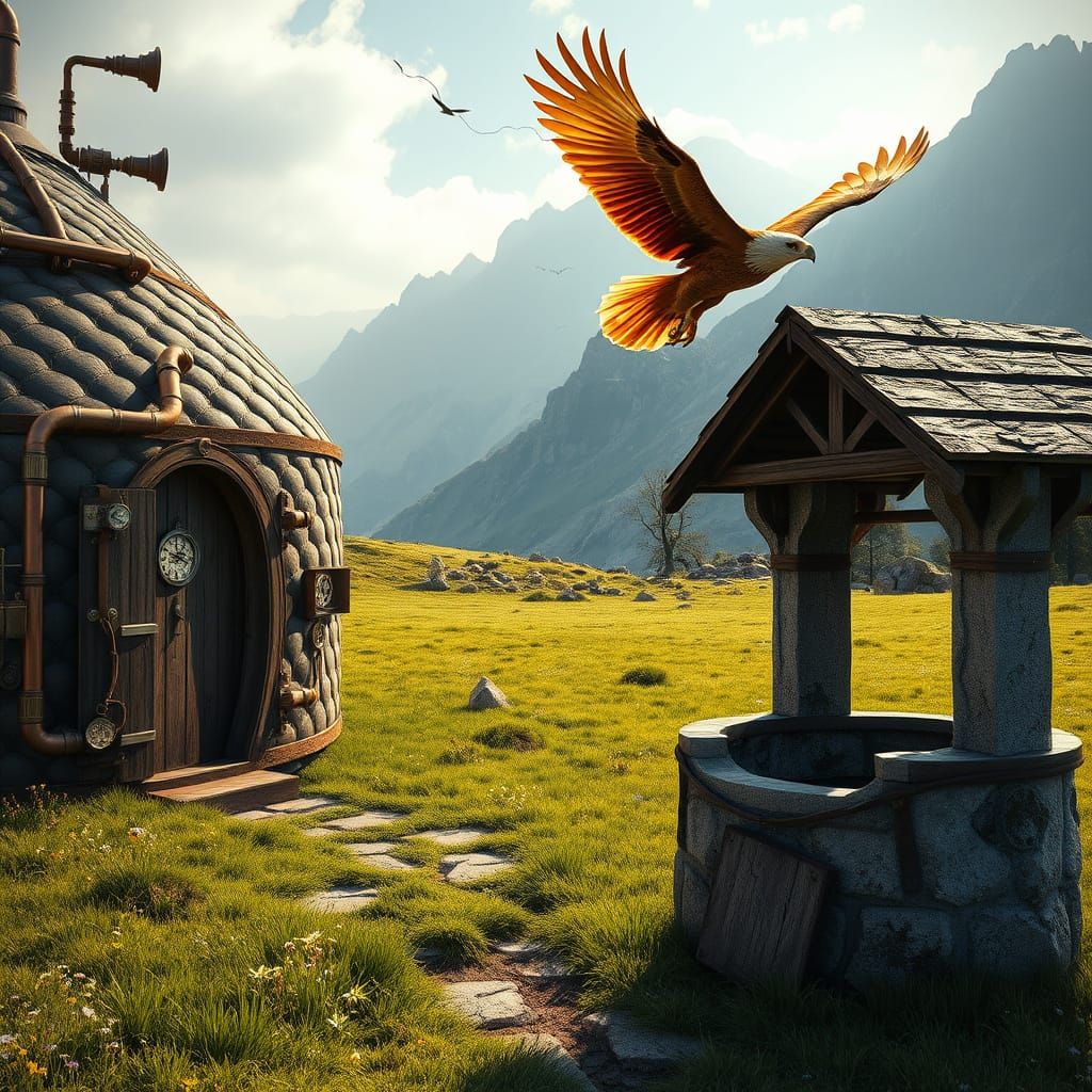 Majestic Steampunk Yurt Amidst Lush Landscape