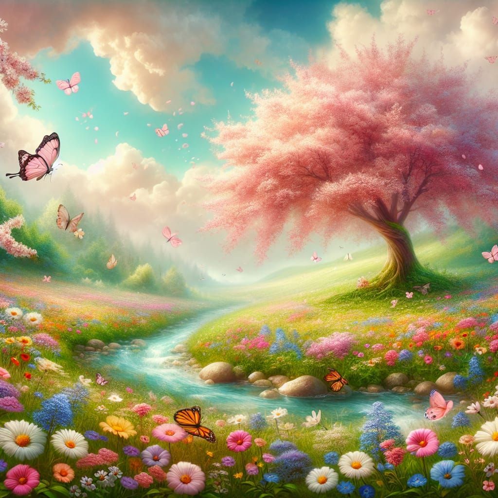 Dreamy Meadow with Cherry Blossom Tree