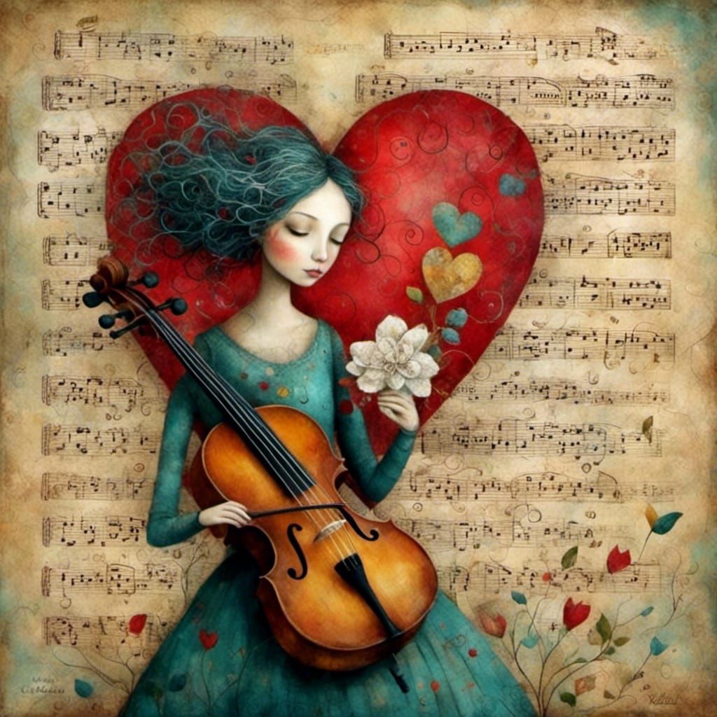 Whimsical Cello Player in Wooden Heart