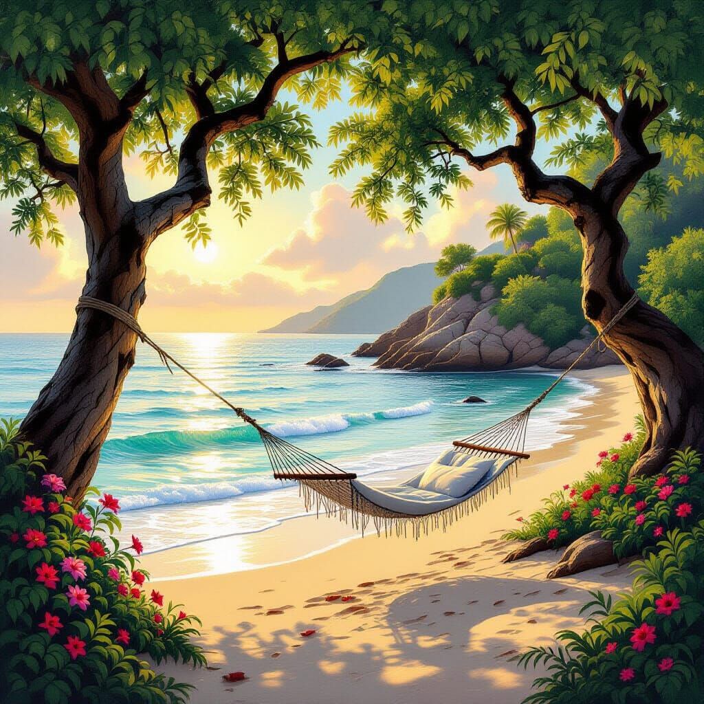 Serene Dawn Cove with Hammock in Impressionist Style