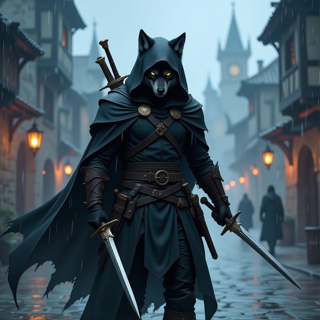 Dark Fantasy Warrior with Wolf Ears and Daggers in Rainy Cit...