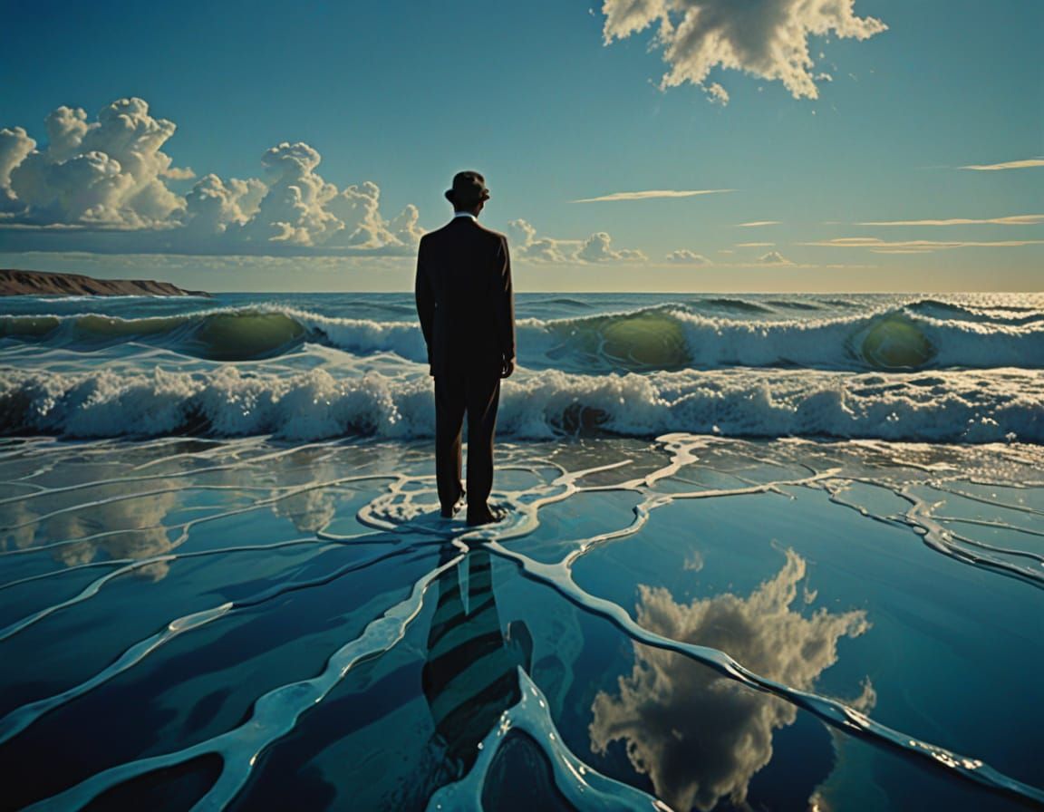 Surreal Landscape with Melting Waves and Lone Figure in Vibr...