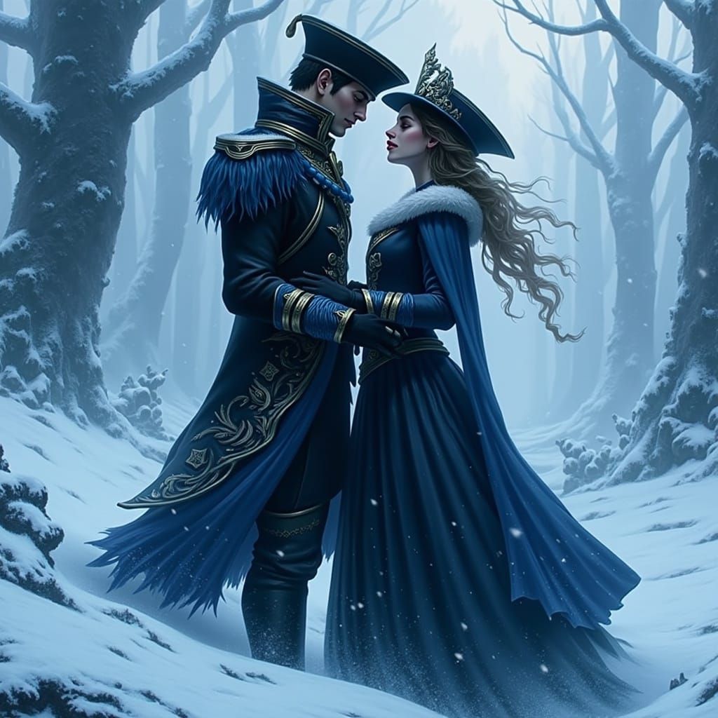 Romantic Couple in Snowy Warcraft-Inspired Scene