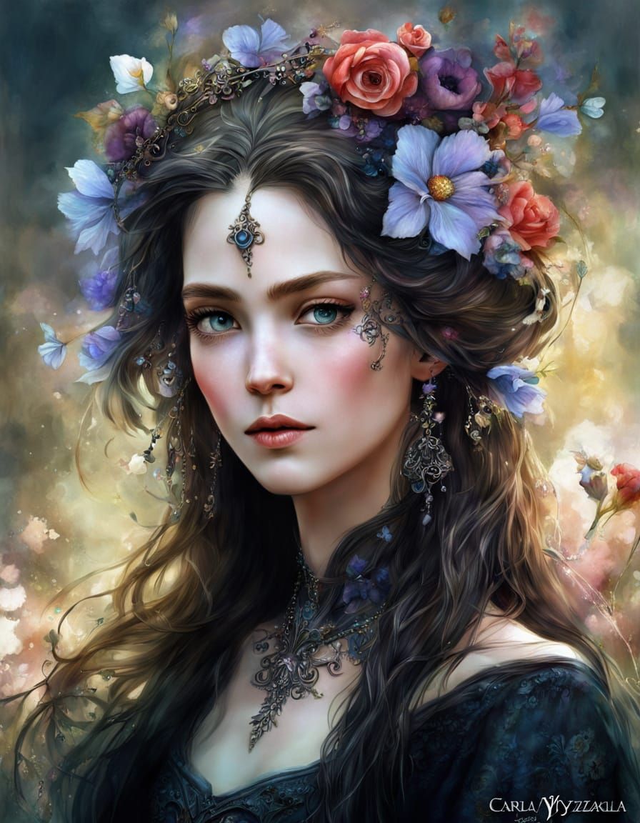 Gothic Fantasy Portrait of Woman with Floral Hair