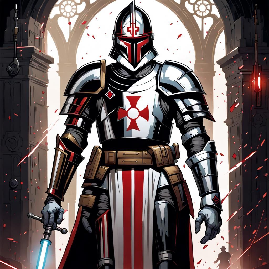 A Knight Templar fusion between, Star Wars, Blade Runner and the shining armour, invincible laser sword, a stunning powe...