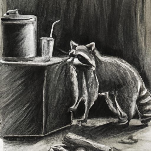 Raccoon Stealing Food: Photorealistic Charcoal Drawing