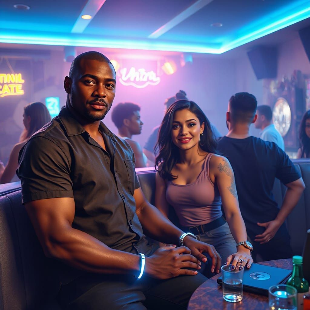 Hyper-Detailed Black Man in Neon-Lit Club Scene with Mecha D...
