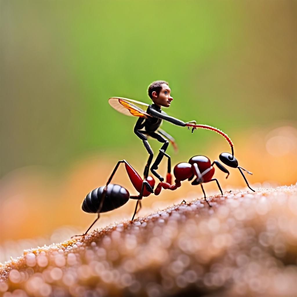 Minuscule Man Rides Giant Ant: Macro Photography