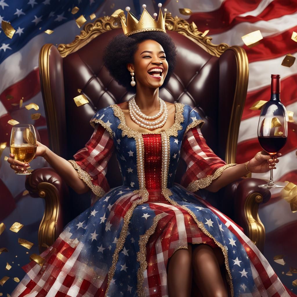 Plaid Queen on Throne with American Flag