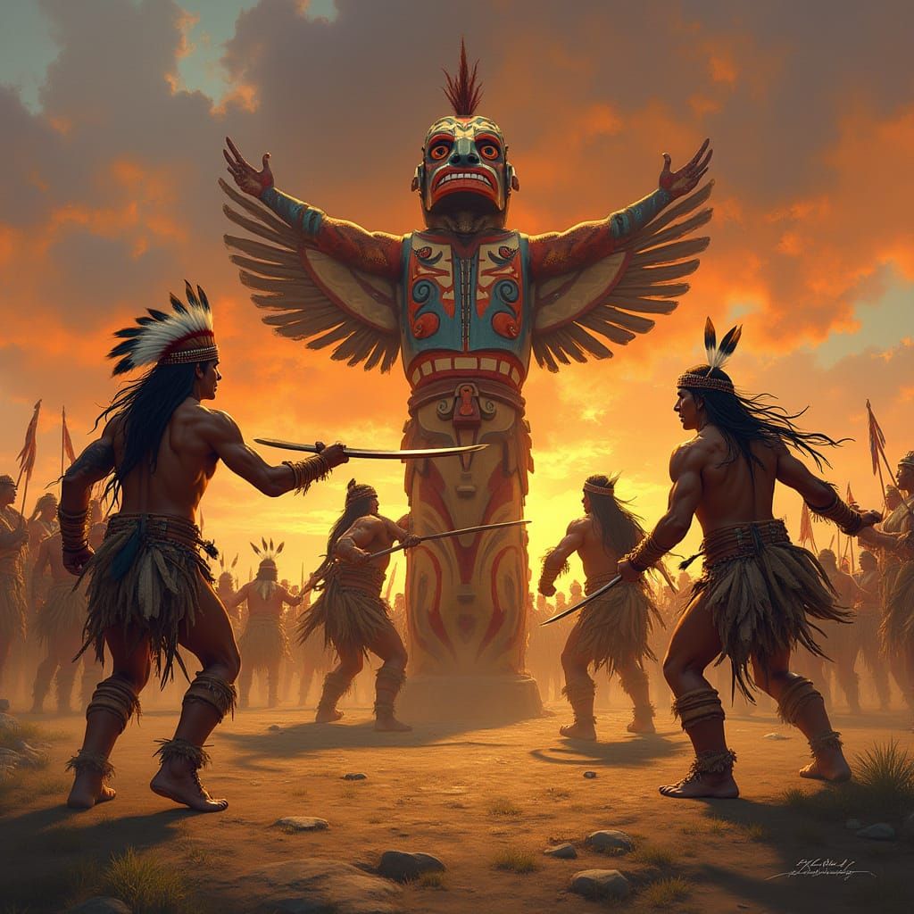 Native Indians dance around a totem pile.