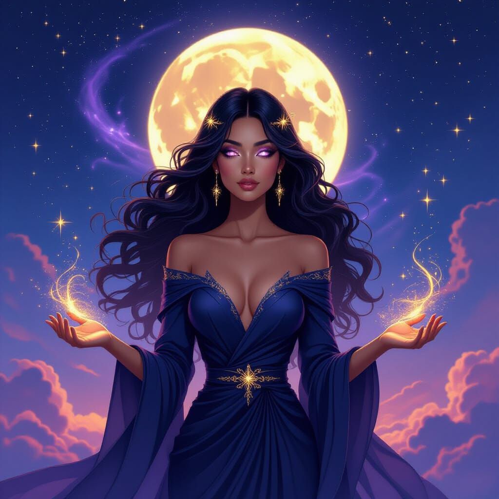 Celestial Black Goddess in Cosmic Sky with Golden Starlight ...