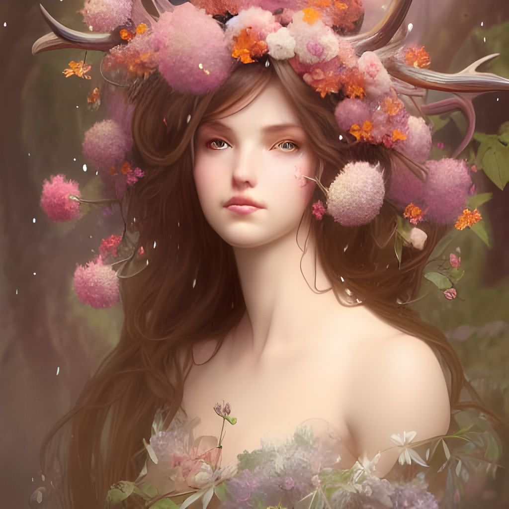 Antlered Wood Nymph with Floral Hair, Detailed Portrait