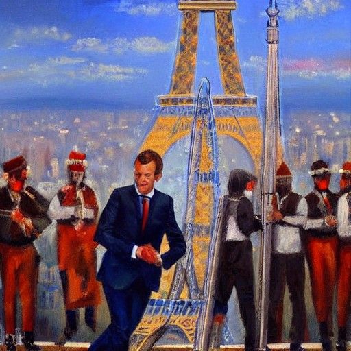 Macron at Eiffel Tower: Oil Painting