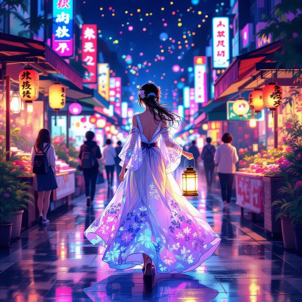 Woman in Iridescent Gown at Neon Night Market