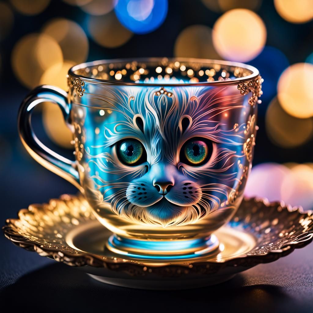 Crystalline Kitten in Glass Teacup Macro Photography