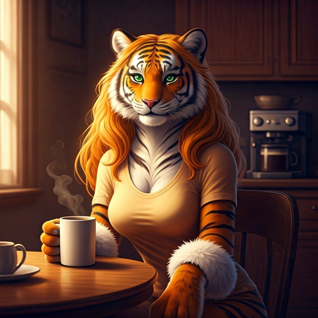 Tigress in Whimsical Morning Attire, Savoring Coffee in Cozy...