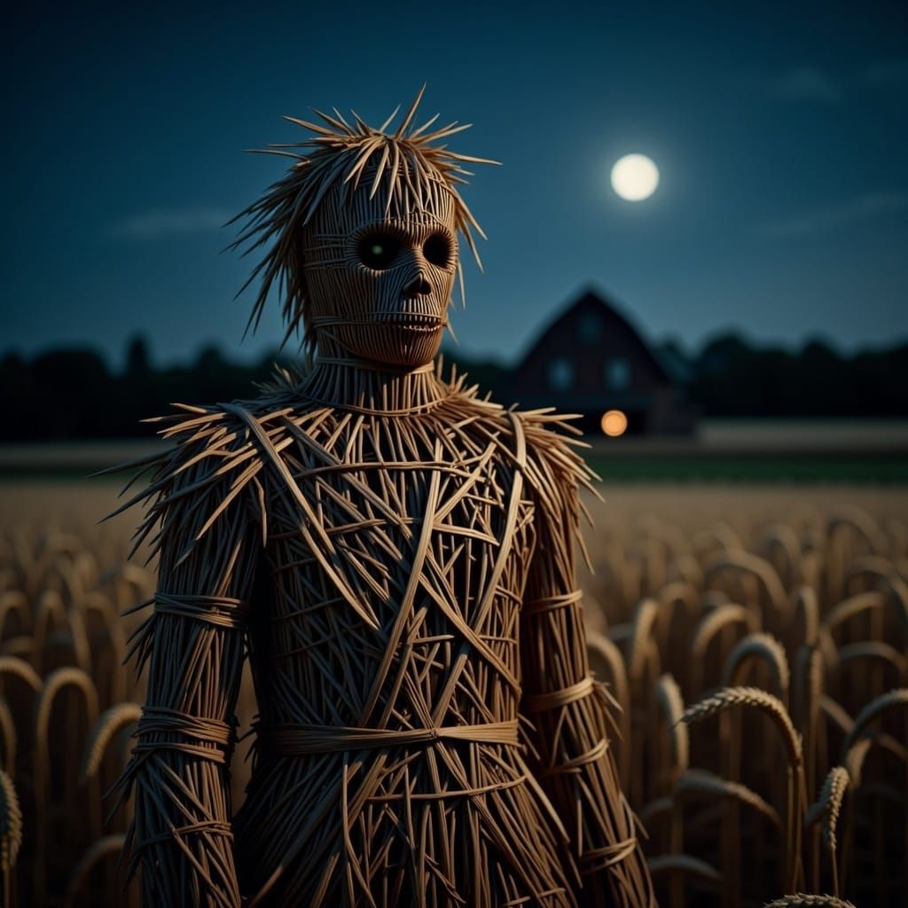 Wickerman in Wheat Field at Night