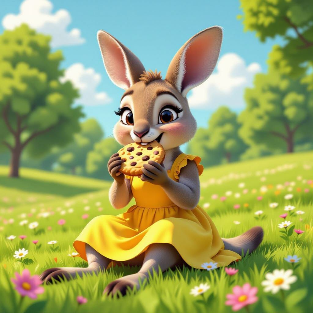 Kangaroo in Sundress Eating Cookie, Pixar-Inspired 3D Art