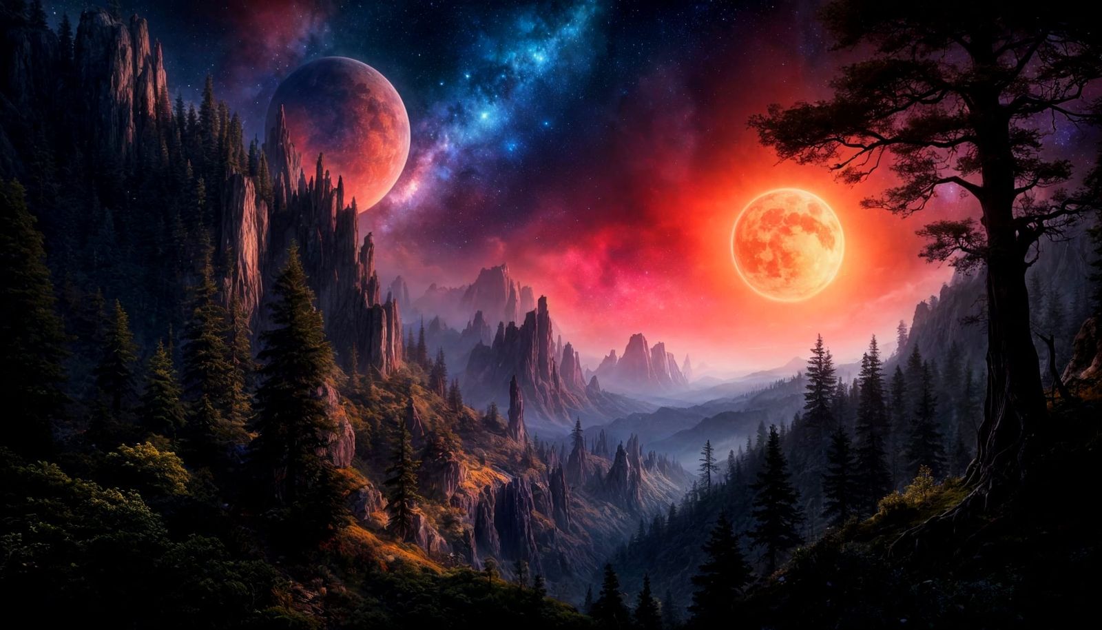 Fantasy Night Landscape with Nebula, Matte Painting