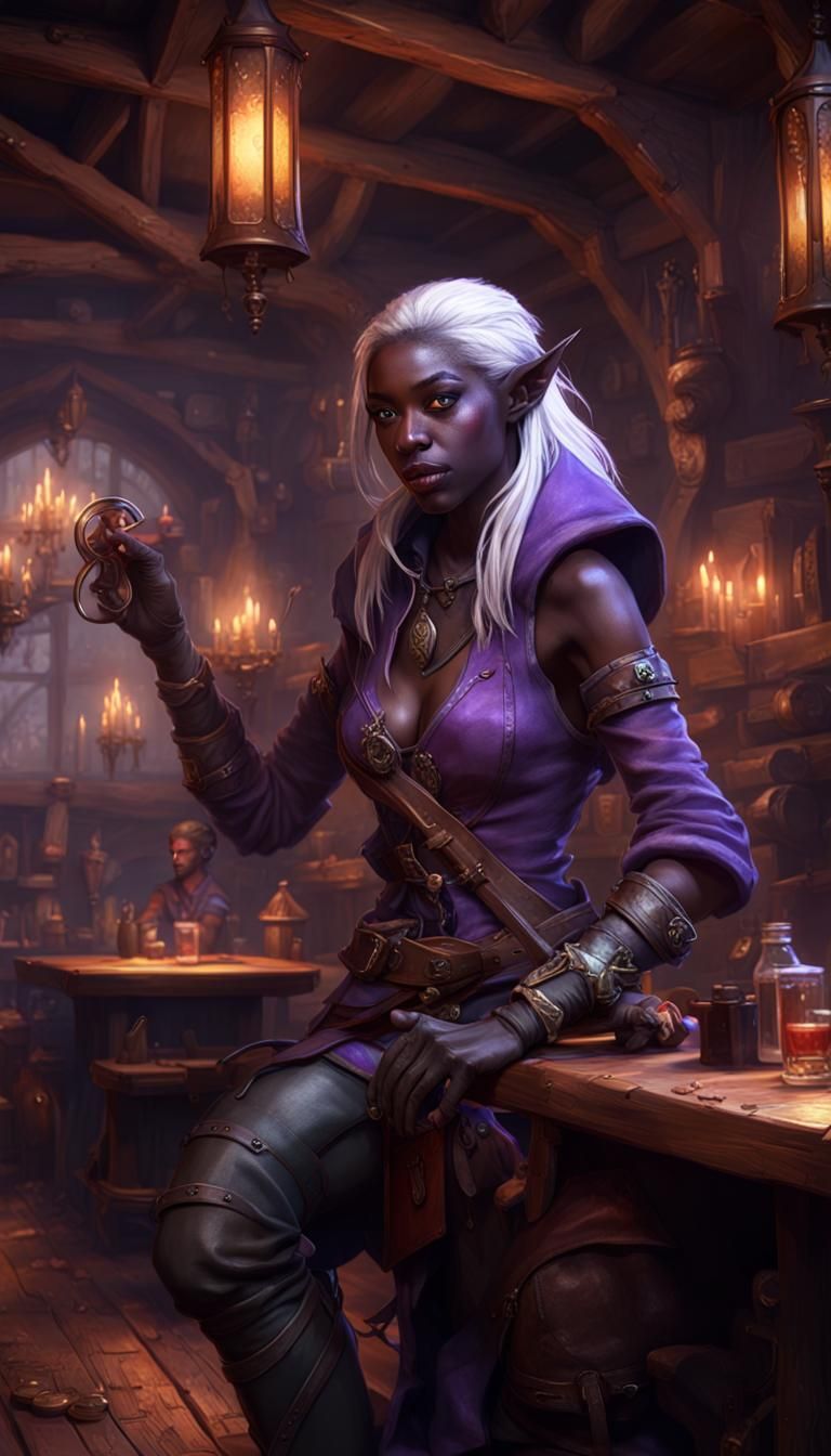 Dark Elf Bard in Tavern: Fantasy Art