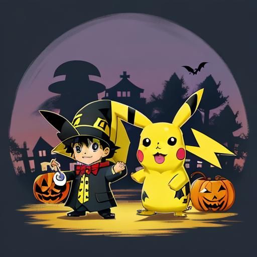 Pikachu and Ash Trick or Treating in Anime Style