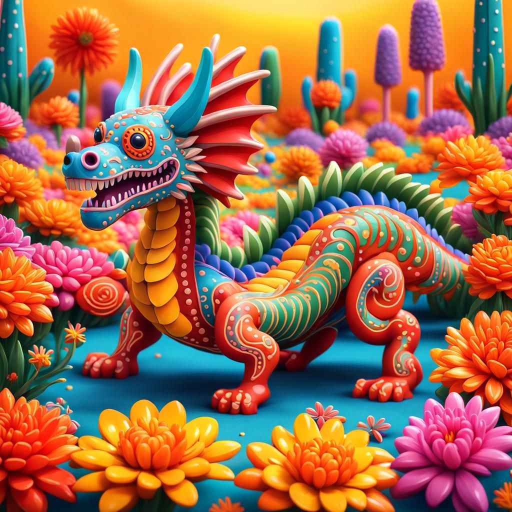 Candy-Style Alebrije Dragon in Cempasuchil Field