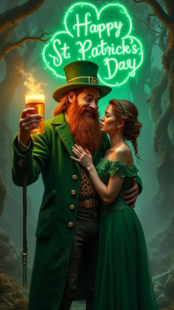 Leprechaun and Enchantress in Moonlit Irish Landscape