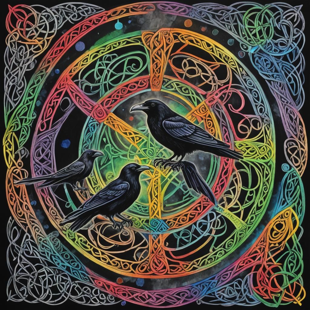 Surreal Celtic Odin with Ravens in Crayon