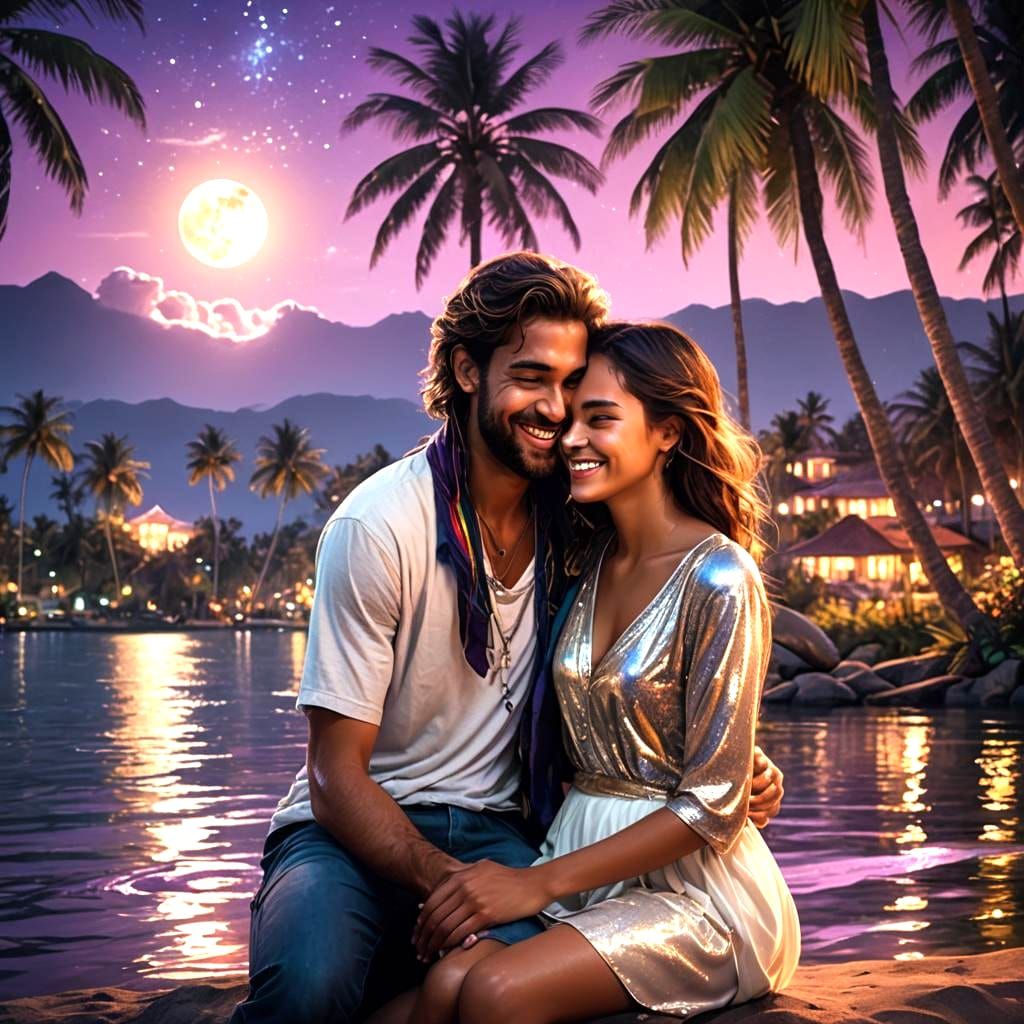 Romantic Couple by Lake at Night: Fantasy Art