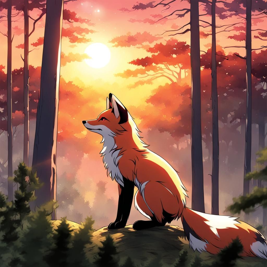 Cross Fox in Forest Sunset: Anime Key Visual