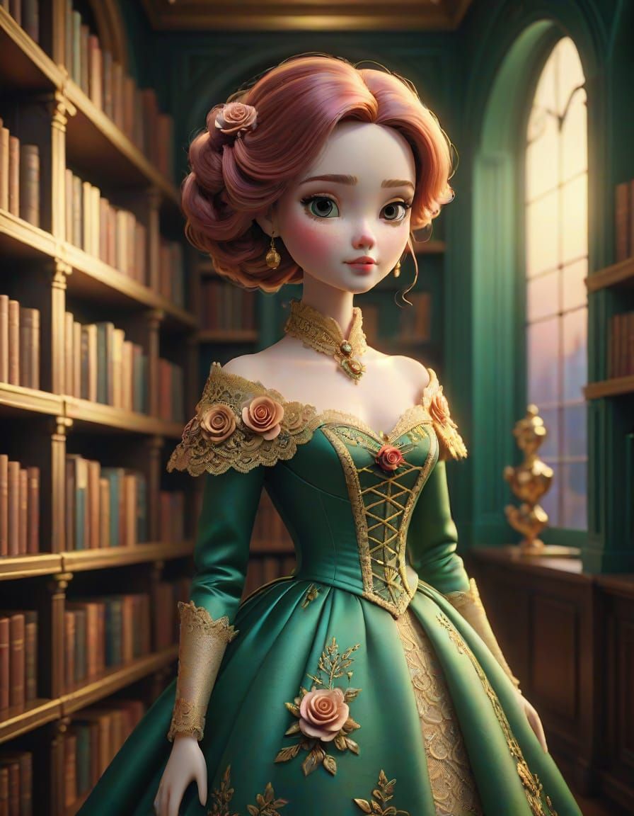 Regal Woman-Doll in Golden Library Setting