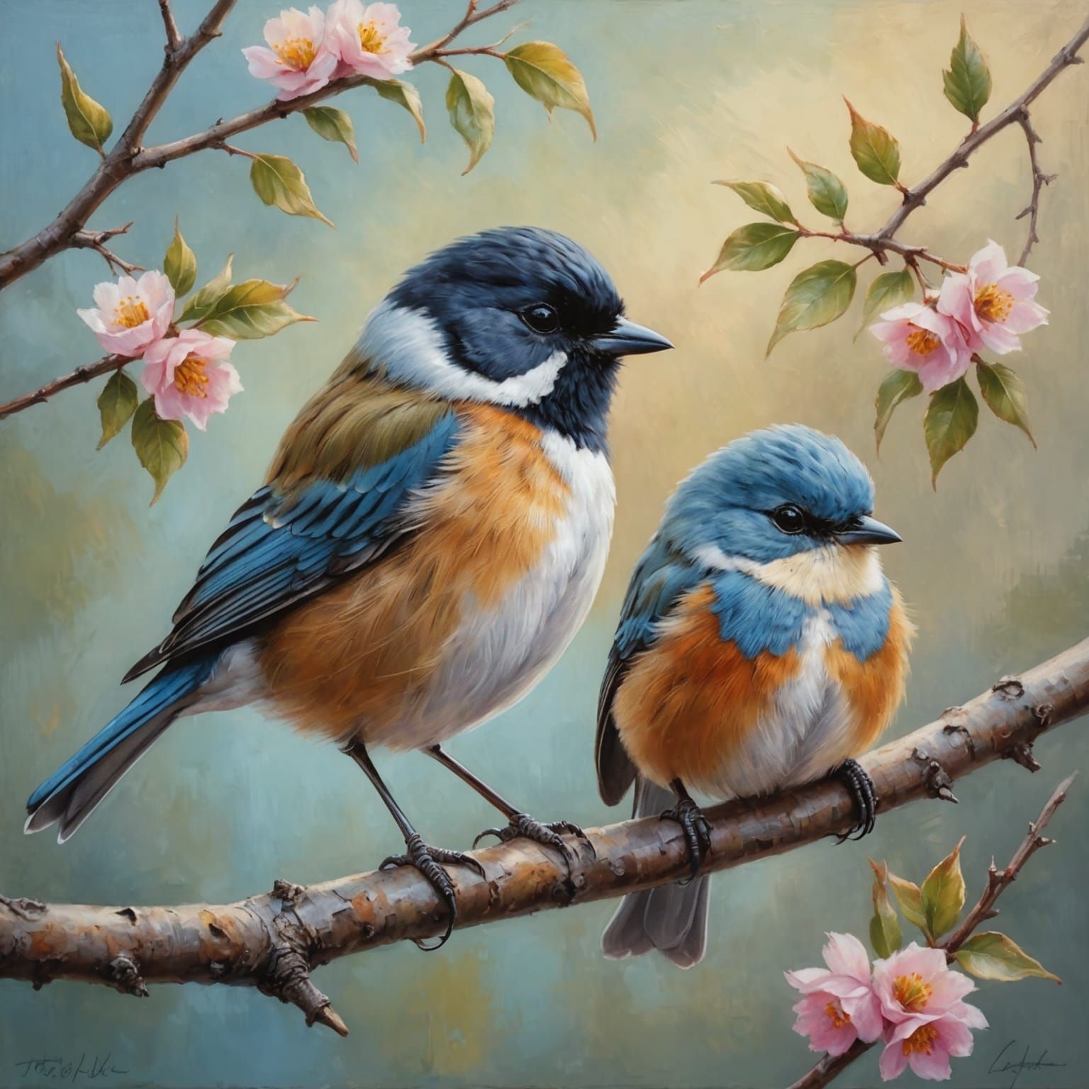 Two Songbirds Cuddling on a Branch as Oil Painting