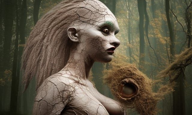 Surreal Woman in Mycelium Network: Fashion Magazine Art