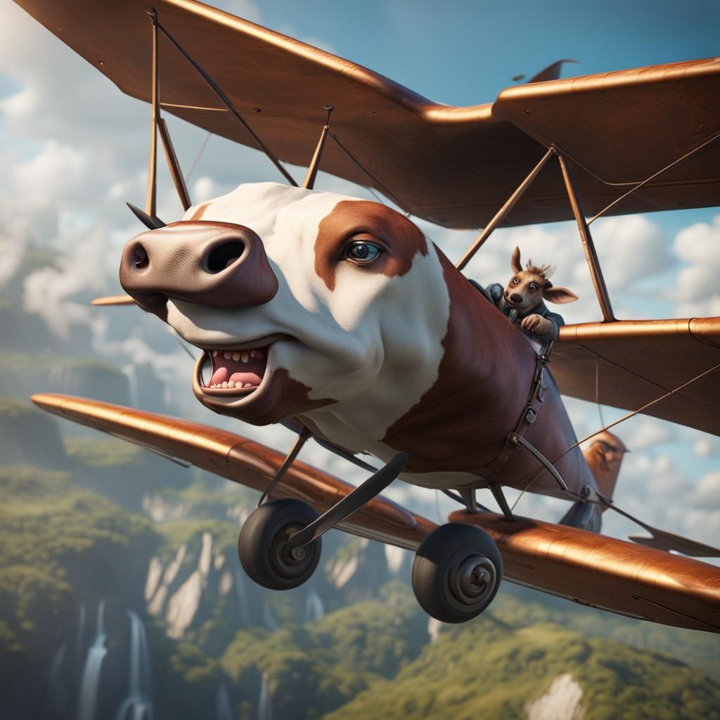 Cow Flies Plane in Detailed Fantasy Art