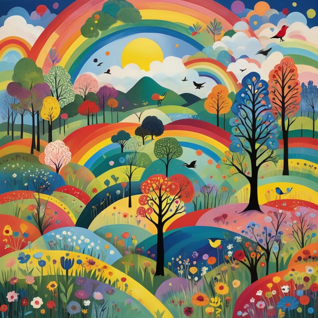 Rainbow Folk Art Landscape with Abstract Elements