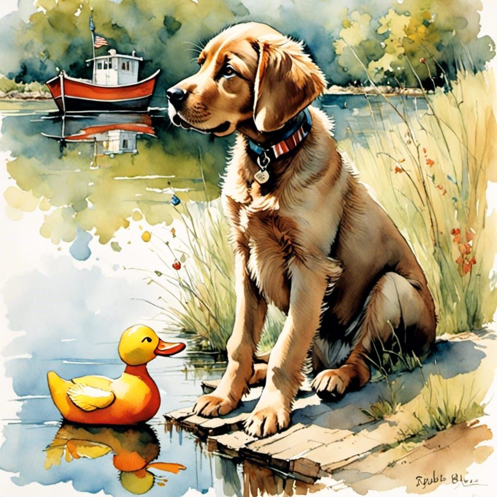 Labrador Puppy with Duck Decoy by the Lake