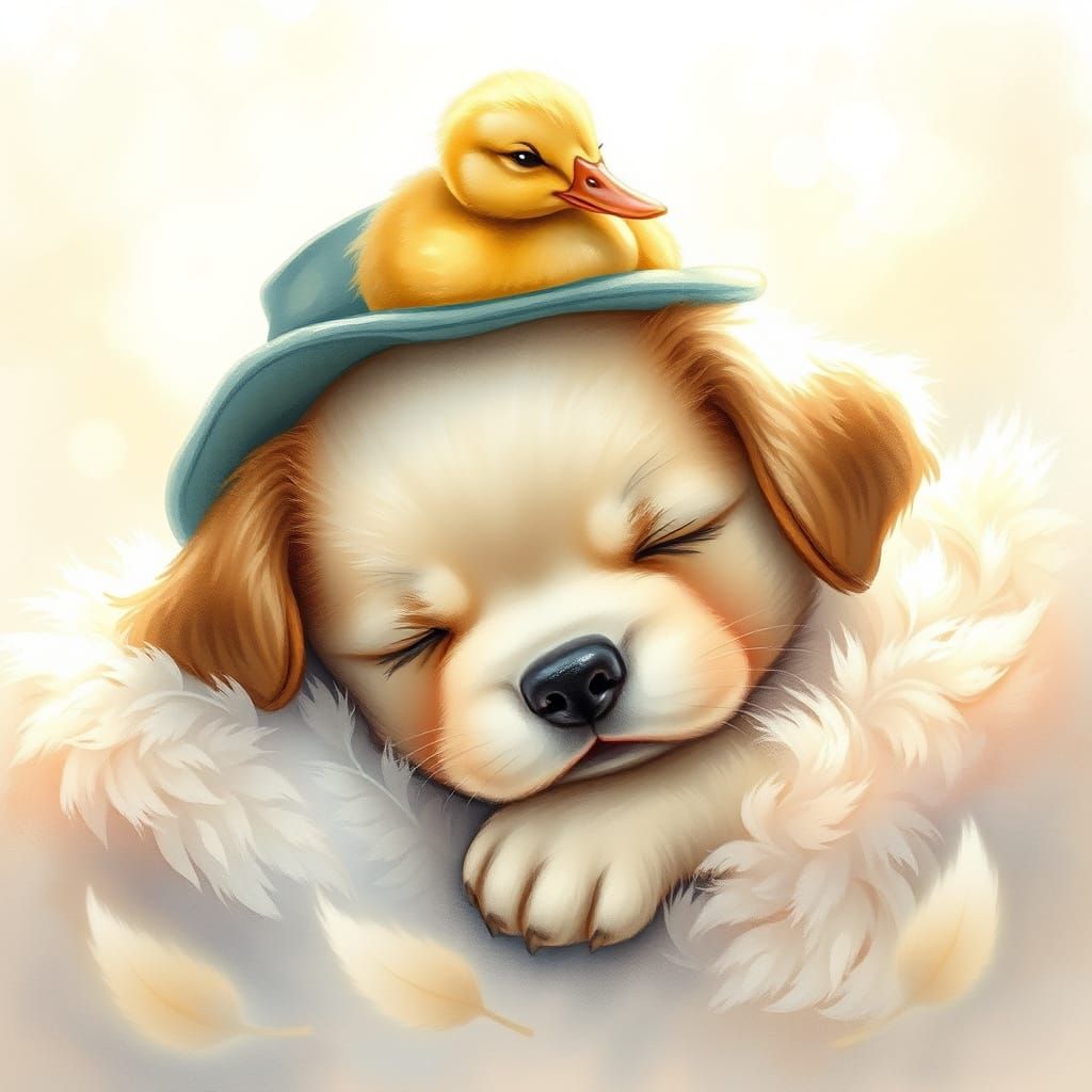 Puppy and Duckling Napping, Watercolor Illustration