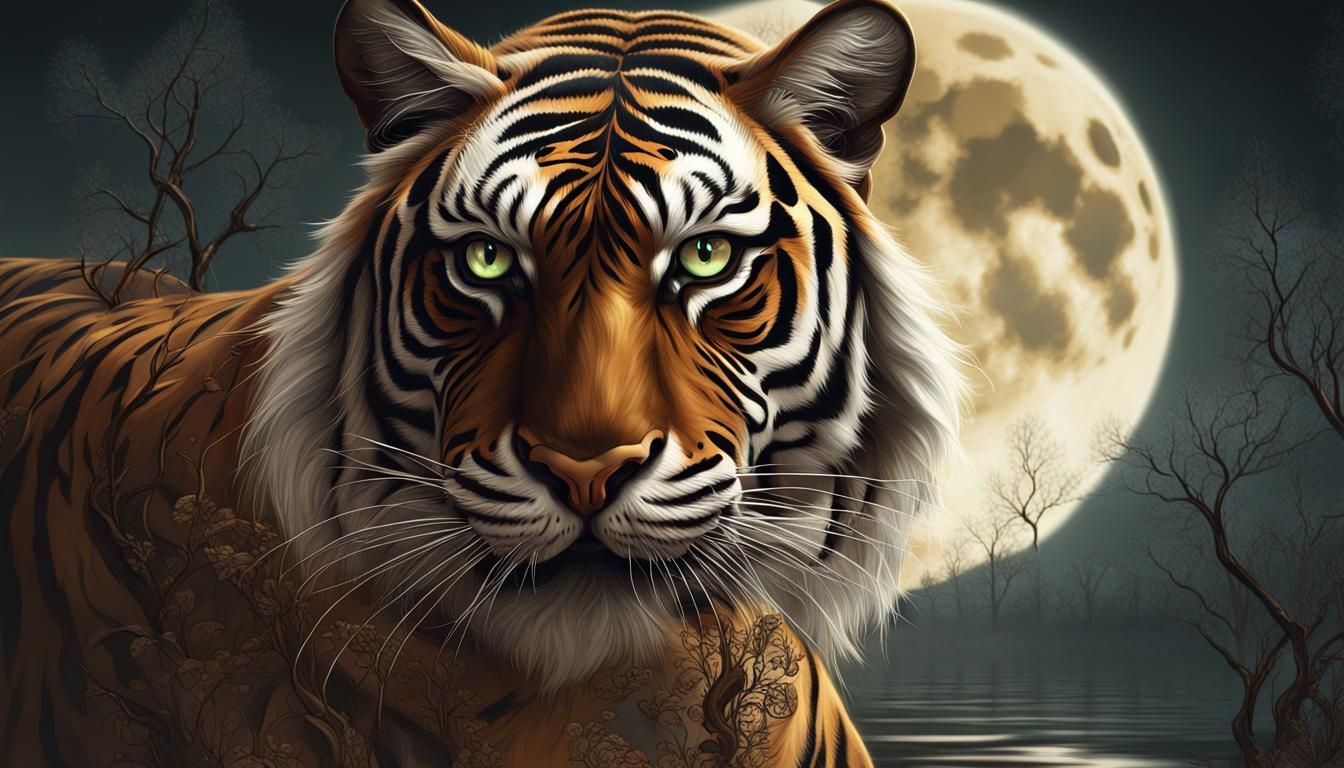 Woman and Tiger Under Moon, Digital Art Style
