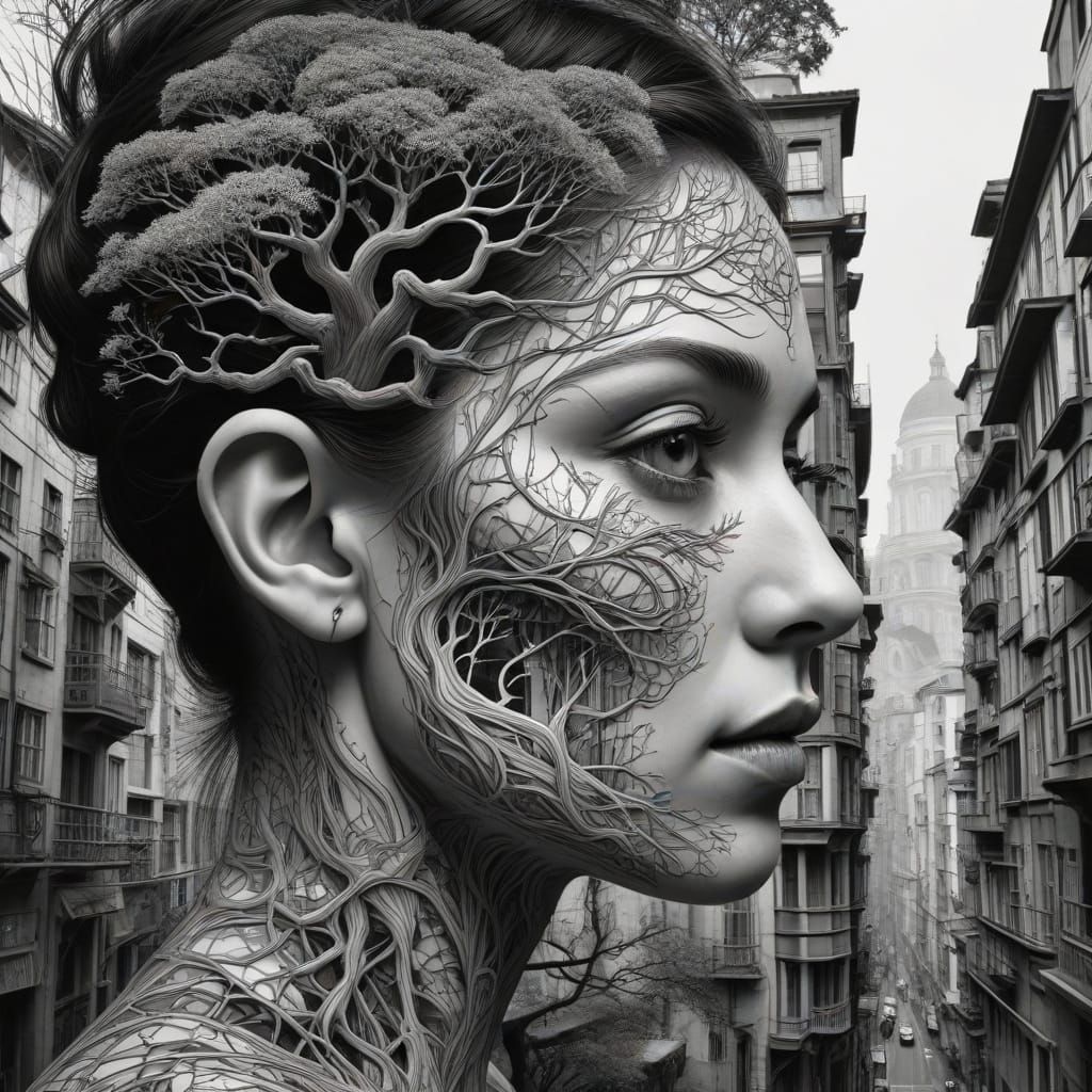 Surrealist Tree Face Merging in Dreamlike Landscape