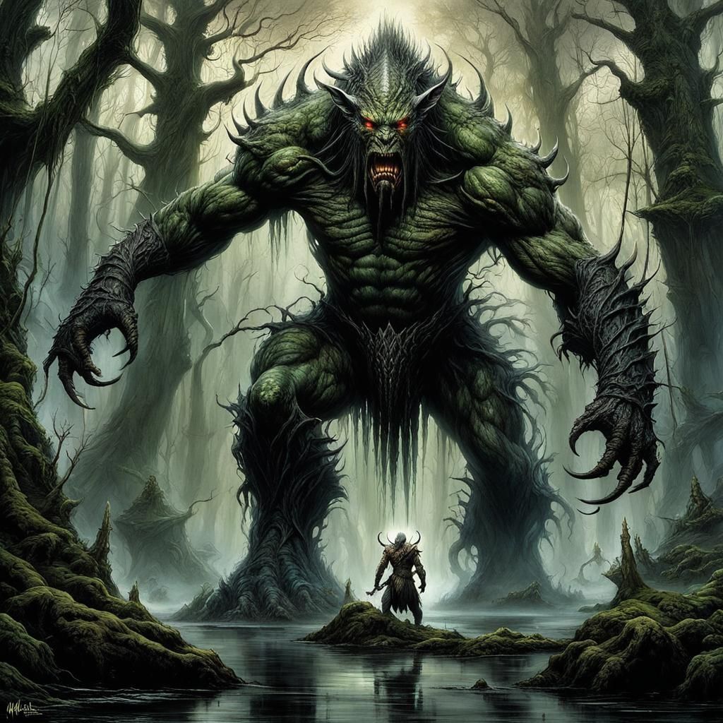Muscular Swamp Monster in Detailed Matte Painting