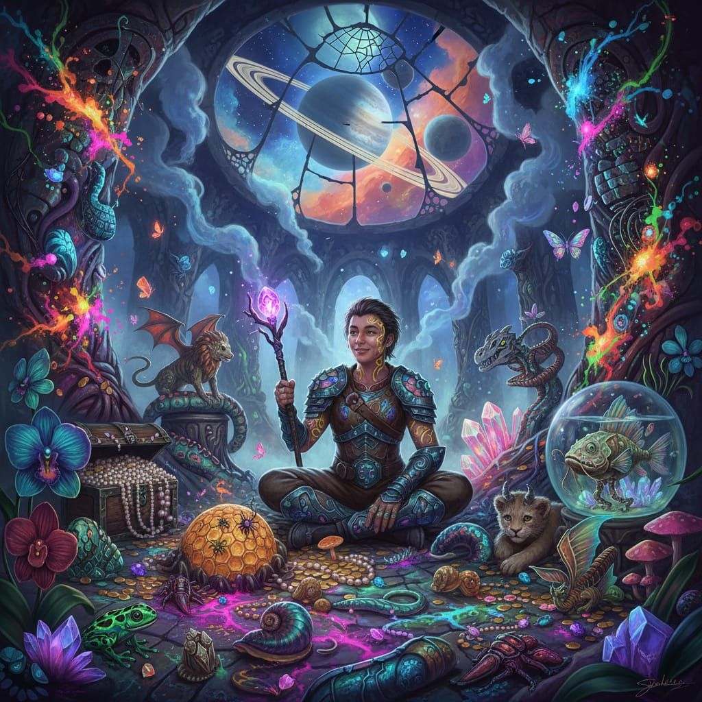 RPG Adventurer Amidst Cosmic Loot and Ethereal Creatures