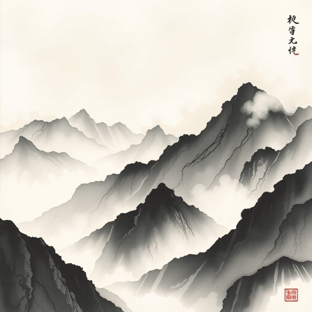 Mountains in Ink Style Painting Inspired by Sumi-e