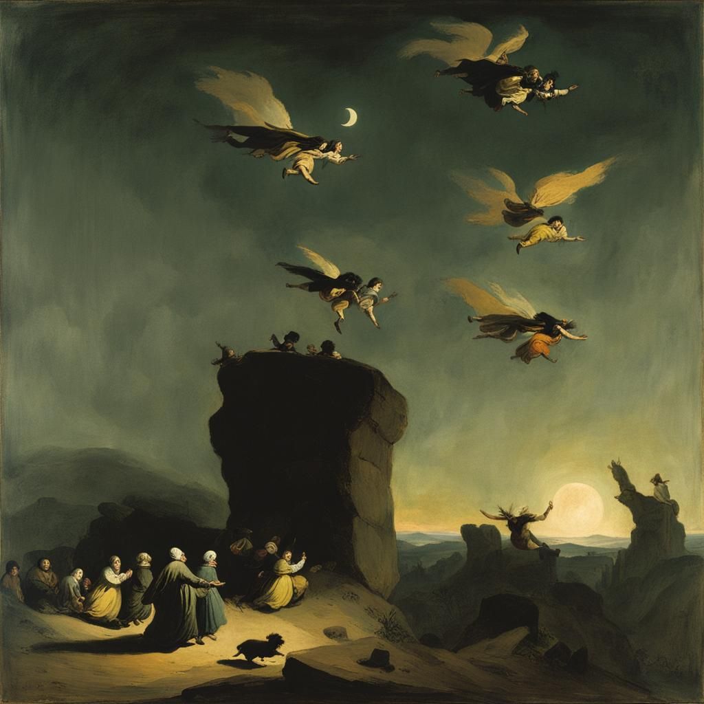 Witches in the Air: Neo-Impressionistic Gouache Painting