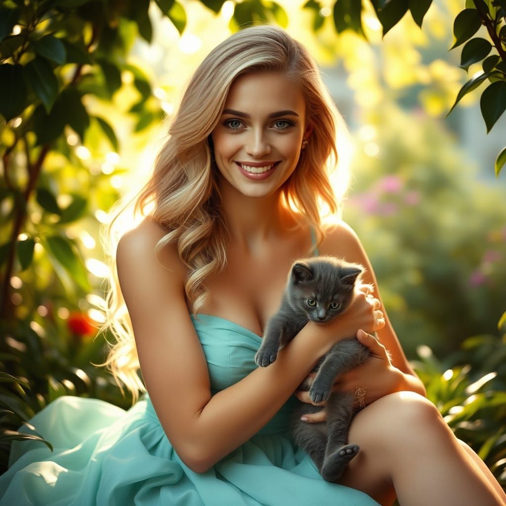 Serene European Woman in Lush Garden with Grey Kitten