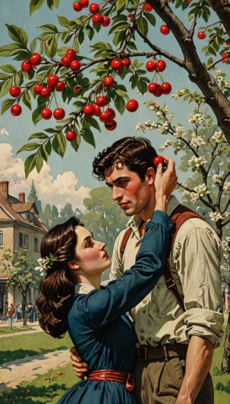 Cherry Branch Exchange Between Young Woman and Man