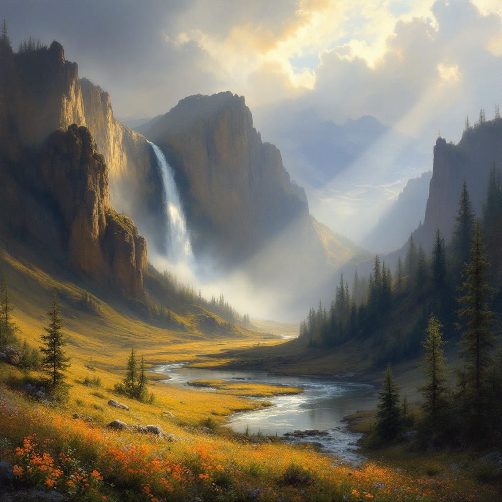 Yellowstone Falls Oil Painting in Romantic Style